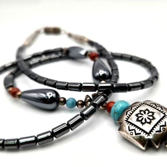 Southwestern Hematite Silver Cross Pendant Necklace Howlite and Red Jasper Beads - Picture 1 of 5